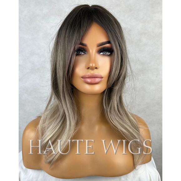 14 Inch Ash Blonde Brown Cool Toned Dirty Ombre Brown Wig With Fringe Bangs Cent - Picture 5 of 5